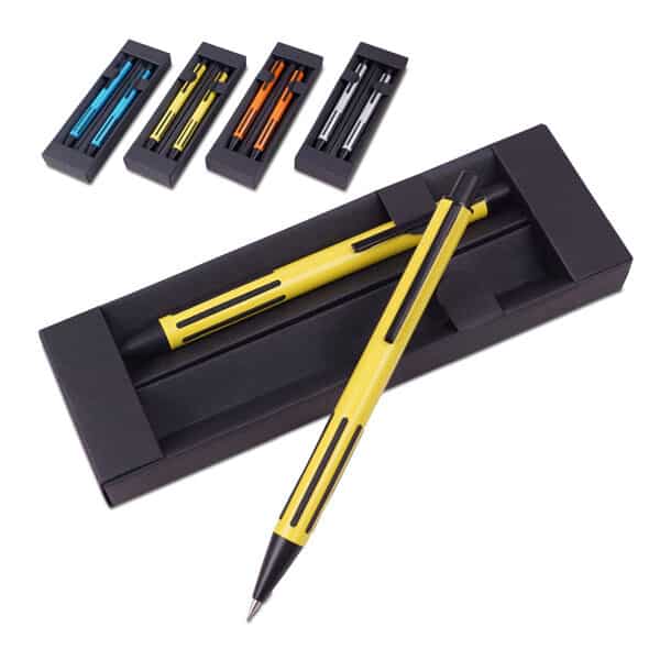 עט כדורי ועיפרון מכני מתכתיים בקופסה